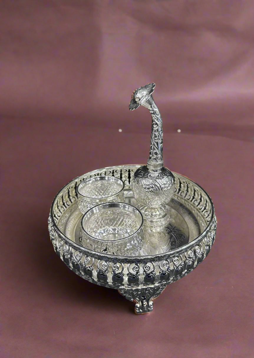 german silver small pooja thali set/ welcoming kit for festival/ housewarming pooja, 4 pieces